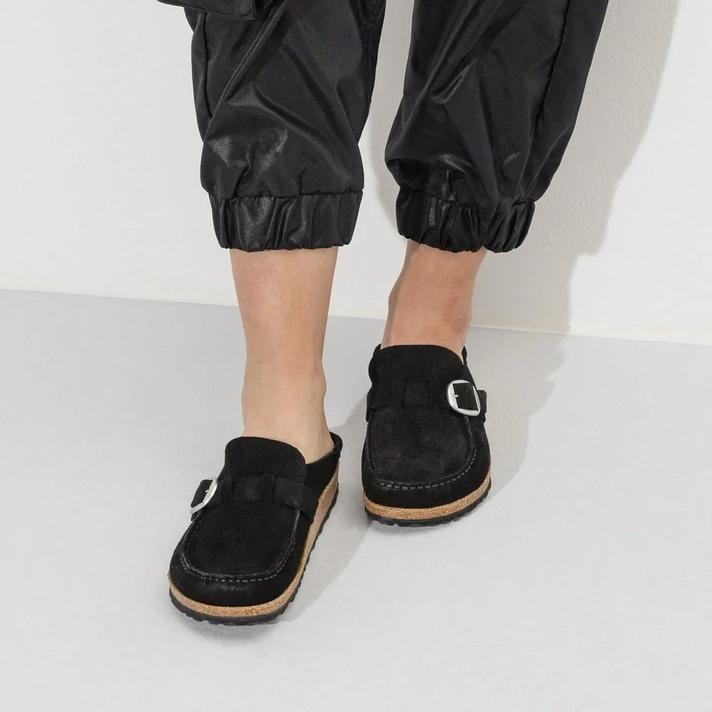 Birkenstock Buckley Black Suede Leather Buckle Slip On Moccasin Mule Shoes 42E - Picture 3 of 12